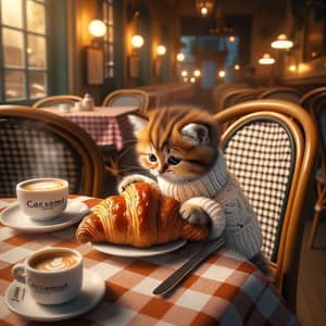 Adorable Kitten in Sweater Enjoying Croissant in Cozy Cafe