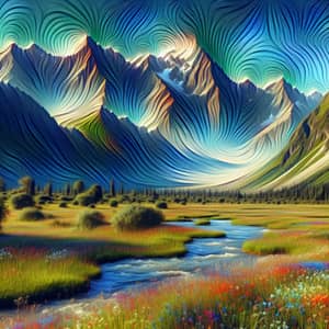 Abstract Landscape Art: Surreal Mountains, Meadow, River