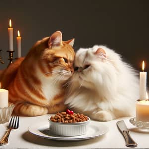 Romantic Date Scene of Orange and Persian Cats | Gourmet Cat Dining