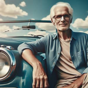 Vintage Blue Car with Relaxed Elderly Man