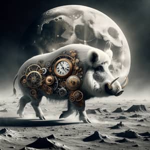 Steampunk Moon Landscape: White Boar with Victorian Machinery
