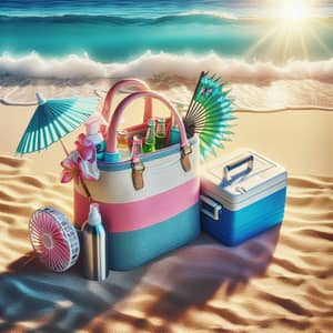 Vibrant Beach Scene with Pastel Beach Bag, Cooler, and Refreshments