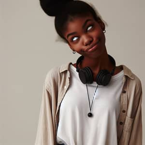 Playful Black Woman with High Bun and Headphones | Quirky Style