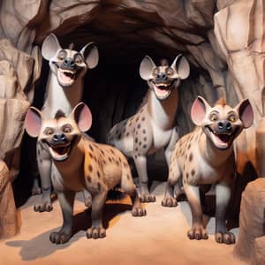 Laughing Hyenas in Cave: Grey-Brown Fur, Spots, Large Ears