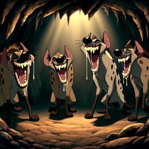 Boisterous Hyenas Laughing in Dimly Lit Cave