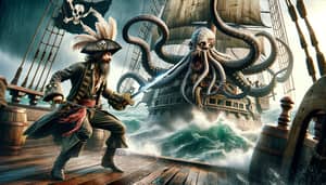Swashbuckling Pirate Battles Kraken in Open Seas