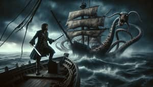 Dark Fantasy Pirate Battling Kraken Scene