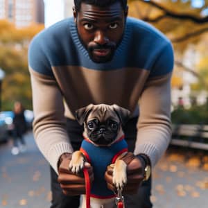 Adorable Pug Walking Man | Urban Park Fall Scene