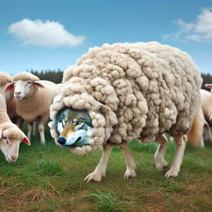 Clever Wolf Disguised as Sheep in Serene Pasture