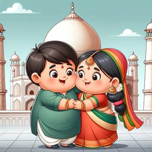 Plump Indian Boy and Girl Embracing in Front of Taj Mahal