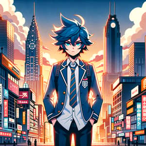 Anime-Inspired Vector Art: Spiky Blue Hair Character in Urban Setting