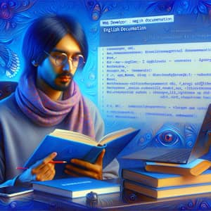 Surreal Scene of South Asian Web Developer Studying English Documentation