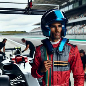 Professional Black Race Car Driver in Red Suit with Striped Helmet