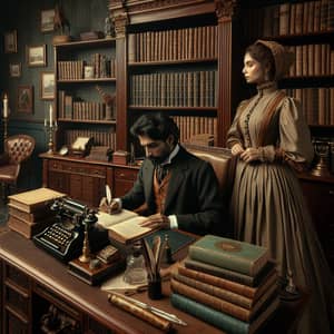 Victorian Bookcase Desk Scene with Man and Woman