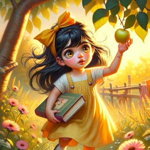 Young South Asian Girl with Favorite Book in Sunflower Dress