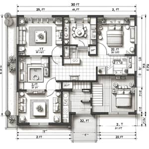 Detailed 3-Bedroom 30x40 Residential Floor Plan with 2 Bathrooms