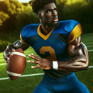 Black Male Football Player in Blue and Gold - Athletic Gear Action
