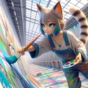 Asian Cat-Esque Girl Painting Mural with Vibrant Blue Brush