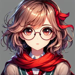 Anime Girl with Red Scarf and Clear Glasses - Character Portrait