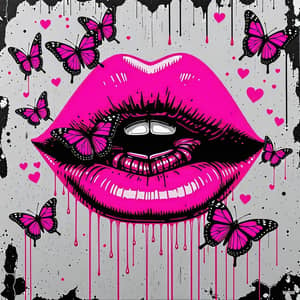 Vibrant Pink Lips Mural with Butterflies in Line Art Style
