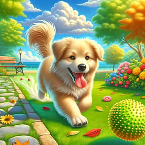 Joyful Furry Dog Chasing Yellow Ball in Park