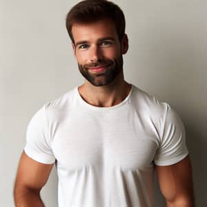 Muscular European Man Smiling - Casual Blue Jeans & White Shirt