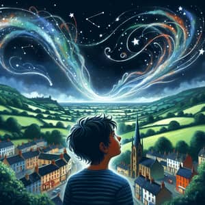 Young Boy's Dream: Touching the Stars in a Quaint Town