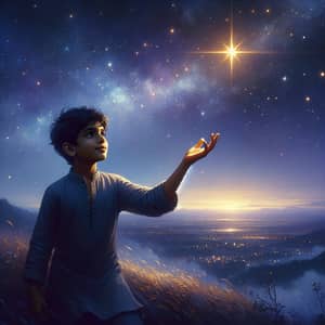 South Asian Boy Reaching for Golden Star in Dreamy Sky