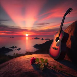 Guitar Leaning Against Rock with Sunset View