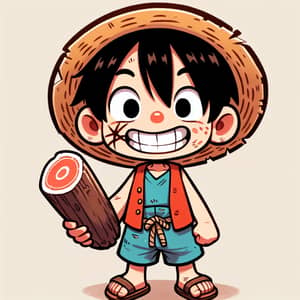 Young Boy with Black Hair and Straw Hat Holding Meat