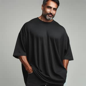 Confident Mature South Asian Man in Oversized Black T-Shirt