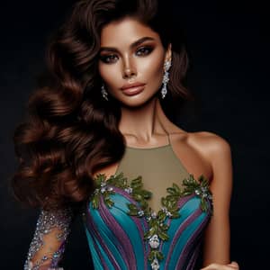 Elegant Woman in Vibrant Gown | Diamond Jewelry & Makeup