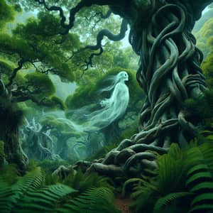 Enchanted Forest with Ancient Trees and Ethereal Ghost