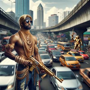 Extravagant Firearm Personified as Confident Man in Urban Traffic