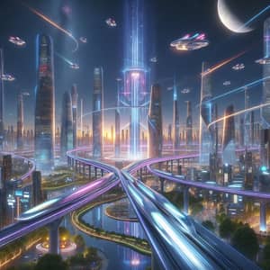 Futuristic Landscape: Skyscrapers, Bullet Trains & Neon Lights