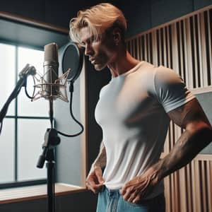 Passionate Male Rapper Practicing in Recording Studio