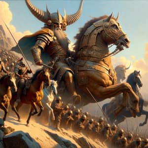 Hyperrealistic Oil Painting of Massive Warrior Dhul-Qarnayn Leading Army into Battle