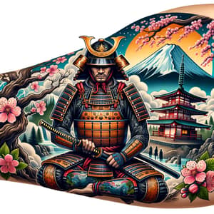 Vivid Samurai Tattoo Design with Cherry Blossom Tree and Japanese Temple