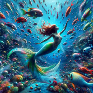 Surreal Underwater World with Mermaid and Tropical Fish