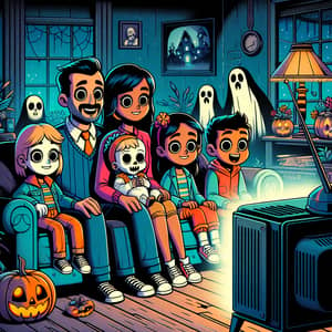 Spooky Halloween Family Watching Vintage TV | Nostalgic Horror Scene