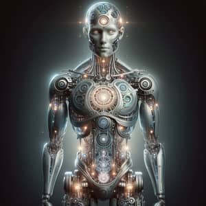 Intricate Humanoid Robot Illustration with LED Lights and Interlocking Gears