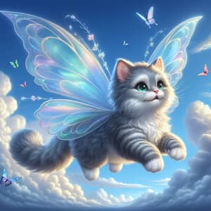 Whimsical Flying Cat with Fairy Wings in Clear Blue Sky