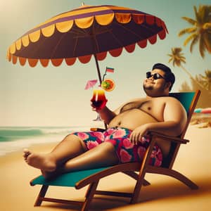 Relaxing Beach Scene with Chubby South Asian Man and Cocktail