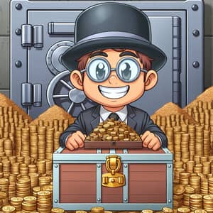 Wealthy Comic Character surrounded by Coins | Treasure Chest