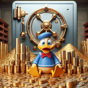 Cartoon Duck Sitting on Gold Coins by Large Safe