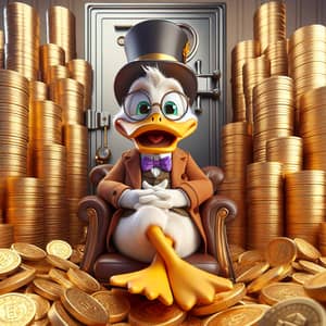 smiling human looking "donald duck" sitting in the middle of huge piles of coins in front of a big safe