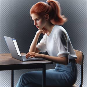 Dedicated Student with Red Hair Studying on Laptop