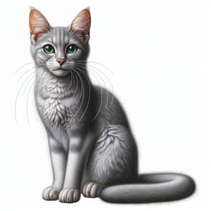 Elegant Perched Cat with Bright Green Eyes | Grey Fur | Long Whiskers