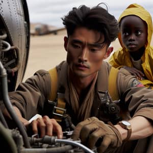Asian Male Pilot Repairing Airplane in Desert | Young Boy Watching