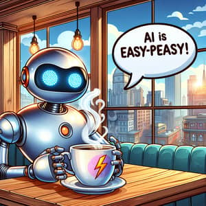 Sci-Fi Cartoon Robot Enjoying Coffee in City Coffee Shop